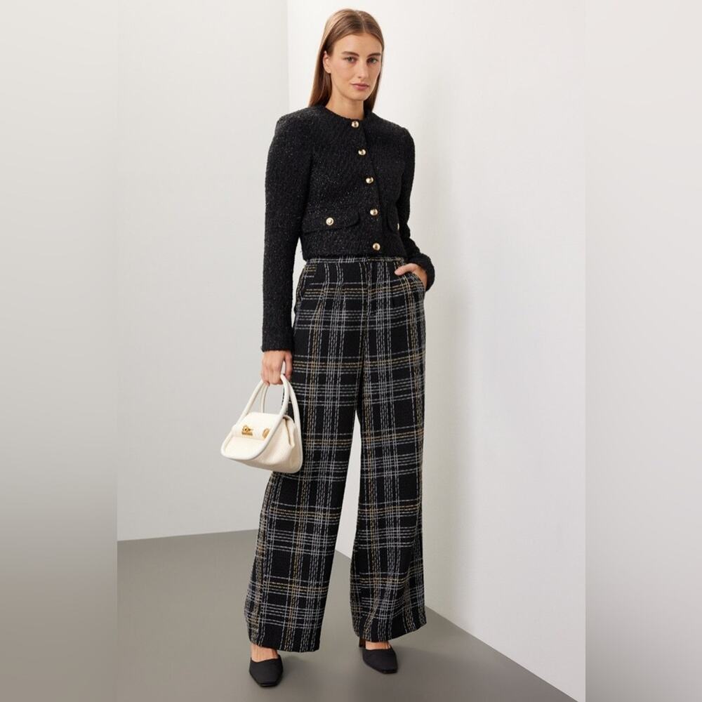 Slate & Willow Tweed Plaid Pants Medium Black Gold